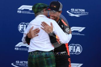 World © Octane Photographic Ltd. Formula 1 – Monaco GP - Qualifying. Aston Martin Red Bull Racing TAG Heuer RB14 – Daniel Ricciardo and Sir Jackie Stewart. Monte-Carlo. Saturday 26th May 2018.