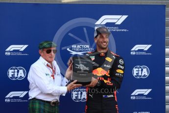 World © Octane Photographic Ltd. Formula 1 – Monaco GP - Qualifying. Aston Martin Red Bull Racing TAG Heuer RB14 – Daniel Ricciardo and Sir Jackie Stewart. Monte-Carlo. Saturday 26th May 2018.