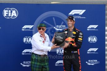 World © Octane Photographic Ltd. Formula 1 – Monaco GP - Qualifying. Aston Martin Red Bull Racing TAG Heuer RB14 – Daniel Ricciardo and Sir Jackie Stewart. Monte-Carlo. Saturday 26th May 2018.