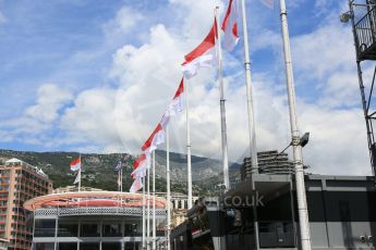 World © Octane Photographic Ltd. Formula 1 – Monaco GP - Setup. McLaren MCL33. Pitlane with flags flying. Wednesday 23rd May 2018.