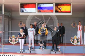 World © Octane Photographic Ltd. FIA Formula 2 (F2) – Monaco GP - Race 1 Podium. Russian Time - Artem Markelov, Prema Powerteam - Sean Gelael and MP Motorsport - Roberto Merhi. Monte Carlo. Friday 25th May 2018