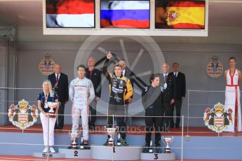 World © Octane Photographic Ltd. FIA Formula 2 (F2) – Monaco GP - Race 1 Podium. Russian Time - Artem Markelov, Prema Powerteam - Sean Gelael and MP Motorsport - Roberto Merhi. Monte Carlo. Friday 25th May 2018