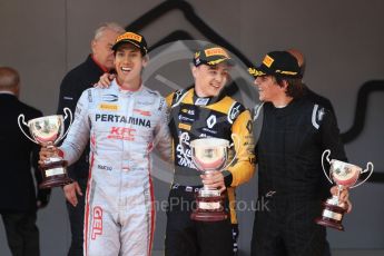 World © Octane Photographic Ltd. FIA Formula 2 (F2) – Monaco GP - Race 1 Podium. Russian Time - Artem Markelov, Prema Powerteam - Sean Gelael and MP Motorsport - Roberto Merhi. Monte Carlo. Friday 25th May 2018