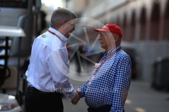 World © Octane Photographic Ltd. Formula 1 - Monaco GP - Paddock. Ross Brawn – Managing Director of Formula 1 for Liberty Media and Niki Lauda - Non-Executive Chairman of Mercedes-Benz Motorsport. Monte-Carlo. Saturday 26th May 2018.