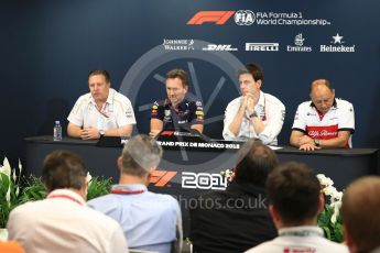 World © Octane Photographic Ltd. Formula 1 – Monaco GP – Team Personnel Press Conference. Zak Brown - Executive Director of McLaren Technology Group, Christian Horner - Team Principal of Red Bull Racing, Toto Wolff - Executive Director & Head of Mercedes-Benz Motorsport, Frederic Vasseur – Team Principal and CEO of Sauber Motorsport AG. Monte-Carlo. Thursday 24th May 2018.