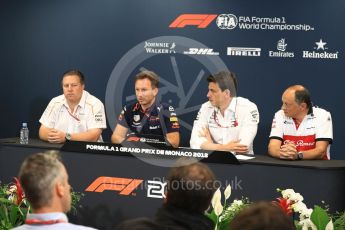 World © Octane Photographic Ltd. Formula 1 – Monaco GP – Team Personnel Press Conference. Zak Brown - Executive Director of McLaren Technology Group, Christian Horner - Team Principal of Red Bull Racing, Toto Wolff - Executive Director & Head of Mercedes-Benz Motorsport, Frederic Vasseur – Team Principal and CEO of Sauber Motorsport AG. Monte-Carlo. Thursday 24th May 2018.