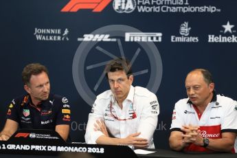World © Octane Photographic Ltd. Formula 1 – Monaco GP – Team Personnel Press Conference. Christian Horner - Team Principal of Red Bull Racing, Toto Wolff - Executive Director & Head of Mercedes-Benz Motorsport, Frederic Vasseur – Team Principal and CEO of Sauber Motorsport AG. Monte-Carlo. Thursday 24th May 2018.