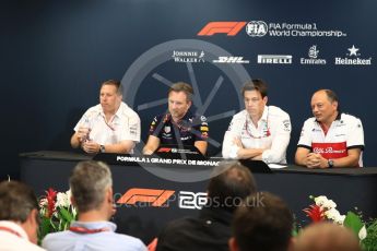 World © Octane Photographic Ltd. Formula 1 – Monaco GP – Team Personnel Press Conference. Zak Brown - Executive Director of McLaren Technology Group, Christian Horner - Team Principal of Red Bull Racing, Toto Wolff - Executive Director & Head of Mercedes-Benz Motorsport, Frederic Vasseur – Team Principal and CEO of Sauber Motorsport AG. Monte-Carlo. Thursday 24th May 2018.