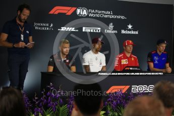 World © Octane Photographic Ltd. Formula 1 – Italian GP - FIA Drivers’ Press Conference Mercedes AMG Petronas Motorsport - Lewis Hamilton, Scuderia Toro Rosso – Brendon Hartley, Haas F1 Team – Kevin Magnussen and Scuderia Ferrari - Kimi Raikkonen. Marina Bay Street Circuit, Singapore. Thursday 13th September 2018.