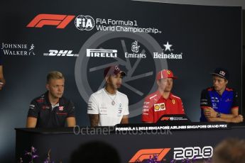 World © Octane Photographic Ltd. Formula 1 – Italian GP - FIA Drivers’ Press Conference Mercedes AMG Petronas Motorsport - Lewis Hamilton, Scuderia Toro Rosso – Brendon Hartley, Haas F1 Team – Kevin Magnussen and Scuderia Ferrari - Kimi Raikkonen. Marina Bay Street Circuit, Singapore. Thursday 13th September 2018.