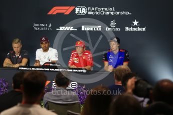 World © Octane Photographic Ltd. Formula 1 – Italian GP - FIA Drivers’ Press Conference Mercedes AMG Petronas Motorsport - Lewis Hamilton, Scuderia Toro Rosso – Brendon Hartley, Haas F1 Team – Kevin Magnussen and Scuderia Ferrari - Kimi Raikkonen. Marina Bay Street Circuit, Singapore. Thursday 13th September 2018.