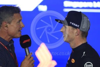 World © Octane Photographic Ltd. Formula 1 – Singapore GP - Race Podium. Aston Martin Red Bull Racing TAG Heuer RB14 – Max Verstappen and David Coulthard. Marina Bay Street Circuit, Singapore. Sunday 16th September 2018.