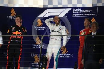 World © Octane Photographic Ltd. Formula 1 – Singapore GP – Race Podium. Mercedes AMG Petronas Motorsport AMG F1 W09 EQ Power+ - Lewis Hamilton, Aston Martin Red Bull Racing TAG Heuer RB14 – Max Verstappen and Scuderia Ferrari SF71-H – Sebastian Vettel. Marina Bay Street Circuit, Singapore. Sunday 16th September 2018.