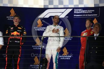 World © Octane Photographic Ltd. Formula 1 – Singapore GP – Race Podium. Mercedes AMG Petronas Motorsport AMG F1 W09 EQ Power+ - Lewis Hamilton, Aston Martin Red Bull Racing TAG Heuer RB14 – Max Verstappen and Scuderia Ferrari SF71-H – Sebastian Vettel. Marina Bay Street Circuit, Singapore. Sunday 16th September 2018.