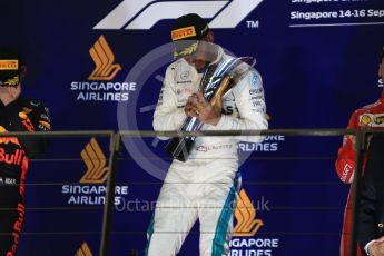World © Octane Photographic Ltd. Formula 1 – Singapore GP – Race Podium. Mercedes AMG Petronas Motorsport AMG F1 W09 EQ Power+ - Lewis Hamilton. Marina Bay Street Circuit, Singapore. Sunday 16th September 2018.