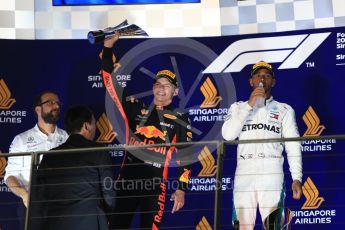 World © Octane Photographic Ltd. Formula 1 – Singapore GP – Race Podium. Mercedes AMG Petronas Motorsport AMG F1 W09 EQ Power+ - Lewis Hamilton and Aston Martin Red Bull Racing TAG Heuer RB14 – Max Verstappen. Marina Bay Street Circuit, Singapore. Sunday 16th September 2018.