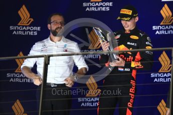 World © Octane Photographic Ltd. Formula 1 – Singapore GP – Race Podium. Aston Martin Red Bull Racing TAG Heuer RB14 – Max Verstappen. Marina Bay Street Circuit, Singapore. Sunday 16th September 2018.
