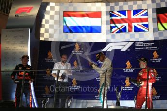 World © Octane Photographic Ltd. Formula 1 – Singapore GP – Race Podium. Mercedes AMG Petronas Motorsport AMG F1 W09 EQ Power+ - Lewis Hamilton, Aston Martin Red Bull Racing TAG Heuer RB14 – Max Verstappen and Scuderia Ferrari SF71-H – Sebastian Vettel. Marina Bay Street Circuit, Singapore. Sunday 16th September 2018.