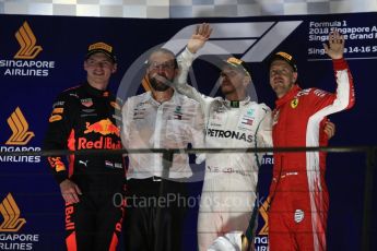 World © Octane Photographic Ltd. Formula 1 – Singapore GP – Race Podium. Mercedes AMG Petronas Motorsport AMG F1 W09 EQ Power+ - Lewis Hamilton, Aston Martin Red Bull Racing TAG Heuer RB14 – Max Verstappen and Scuderia Ferrari SF71-H – Sebastian Vettel. Marina Bay Street Circuit, Singapore. Sunday 16th September 2018.