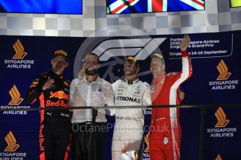 World © Octane Photographic Ltd. Formula 1 – Singapore GP – Race Podium. Mercedes AMG Petronas Motorsport AMG F1 W09 EQ Power+ - Lewis Hamilton, Aston Martin Red Bull Racing TAG Heuer RB14 – Max Verstappen and Scuderia Ferrari SF71-H – Sebastian Vettel. Marina Bay Street Circuit, Singapore. Sunday 16th September 2018.