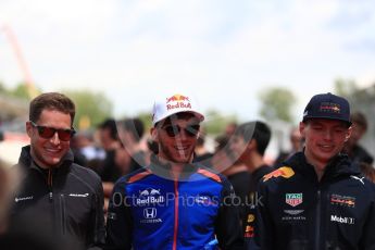 World © Octane Photographic Ltd. Formula 1 – Spanish GP - Drivers’ Parade. McLaren MCL33 – Stoffel Vandoorne, Aston Martin Red Bull Racing TAG Heuer RB14 – Max Verstappen and Scuderia Toro Rosso STR13 – Pierre Gasly. Circuit de Barcelona-Catalunya, Spain. Sunday 13th May 2018.