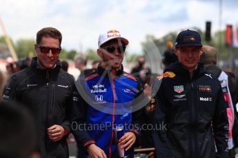 World © Octane Photographic Ltd. Formula 1 – Spanish GP - Drivers’ Parade. McLaren MCL33 – Stoffel Vandoorne, Aston Martin Red Bull Racing TAG Heuer RB14 – Max Verstappen and Scuderia Toro Rosso STR13 – Pierre Gasly. Circuit de Barcelona-Catalunya, Spain. Sunday 13th May 2018.