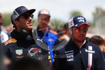 World © Octane Photographic Ltd. Formula 1 – Spanish GP - Drivers’ Parade. Aston Martin Red Bull Racing TAG Heuer RB14 – Daniel Ricciardo and Sahara Force India VJM11 - Sergio Perez. Circuit de Barcelona-Catalunya, Spain. Sunday 13th May 2018.