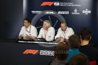World © Octane Photographic Ltd. Formula 1 - Spanish GP - Thursday – FIA Technical Press Conference. Charlie Whiting – President of FIA, Nikolas Tombazis – FIA Formula 1 Head of Technical Matters and Matteo Bonciani. Circuit de Barcelona-Catalunya, Spain. Thursday 10th May 2018. Digital Ref: