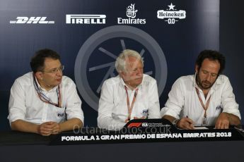 World © Octane Photographic Ltd. Formula 1 - Spanish GP - Thursday – FIA Technical Press Conference. Charlie Whiting – President of FIA, Nikolas Tombazis – FIA Formula 1 Head of Technical Matters and Matteo Bonciani. Circuit de Barcelona-Catalunya, Spain. Thursday 10th May 2018. Digital Ref: