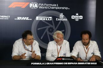 World © Octane Photographic Ltd. Formula 1 - Spanish GP - Thursday – FIA Technical Press Conference. Charlie Whiting – President of FIA, Nikolas Tombazis – FIA Formula 1 Head of Technical Matters and Matteo Bonciani. Circuit de Barcelona-Catalunya, Spain. Thursday 10th May 2018. Digital Ref: