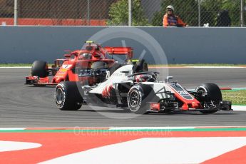 World © Octane Photographic Ltd. Formula 1 – Spanish GP - Practice 1. Haas F1 Team VF-18 – Kevin Magnussen and Scuderia Ferrari SF71-H – Kimi Raikkonen. Circuit de Barcelona-Catalunya, Spain. Friday 11th May 2018.
