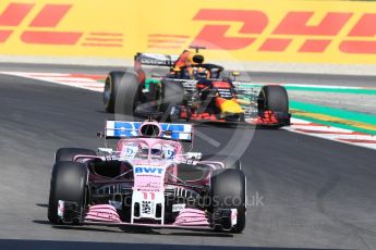 World © Octane Photographic Ltd. Formula 1 – Spanish GP - Practice 1. Sahara Force India VJM11 - Sergio Perez and Aston Martin Red Bull Racing TAG Heuer RB14 – Daniel Ricciardo. Circuit de Barcelona-Catalunya, Spain. Friday 11th May 2018.