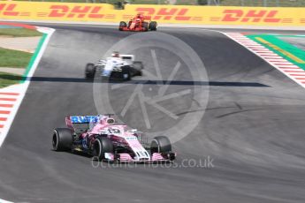 World © Octane Photographic Ltd. Formula 1 – Spanish GP - Practice 1. Sahara Force India VJM11 - Sergio Perez, Haas F1 Team VF-18 – Romain Grosjean and Scuderia Ferrari SF71-H – Sebastian Vettel (spinning). Circuit de Barcelona-Catalunya, Spain. Friday 11th May 2018.