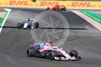 World © Octane Photographic Ltd. Formula 1 – Spanish GP - Practice 1. Sahara Force India VJM11 - Sergio Perez, Haas F1 Team VF-18 – Romain Grosjean and Scuderia Ferrari SF71-H – Sebastian Vettel (spinning). Circuit de Barcelona-Catalunya, Spain. Friday 11th May 2018.