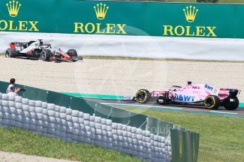 World © Octane Photographic Ltd. Formula 1 – Spanish GP - Practice 2. Haas F1 Team VF-18 – Romain Grosjean and Sahara Force India VJM11 - Sergio Perez. Circuit de Barcelona-Catalunya, Spain. Friday 11th May 2018.