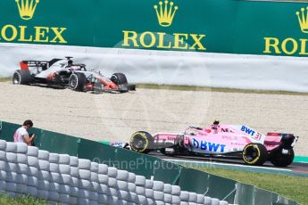 World © Octane Photographic Ltd. Formula 1 – Spanish GP - Practice 2. Haas F1 Team VF-18 – Romain Grosjean and Sahara Force India VJM11 - Esteban Ocon. Circuit de Barcelona-Catalunya, Spain. Friday 11th May 2018.