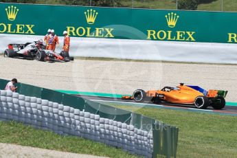 World © Octane Photographic Ltd. Formula 1 – Spanish GP - Practice 2. Haas F1 Team VF-18 – Romain Grosjean and McLaren MCL33 – Fernando Alonso. Circuit de Barcelona-Catalunya, Spain. Friday 11th May 2018.