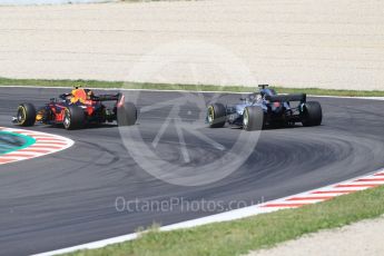 World © Octane Photographic Ltd. Formula 1 – Spanish GP - Practice 2. Aston Martin Red Bull Racing TAG Heuer RB14 – Max Verstappen and Mercedes AMG Petronas Motorsport AMG F1 W09 EQ Power+ - Lewis Hamilton. . Circuit de Barcelona-Catalunya, Spain. Friday 11th May 2018.