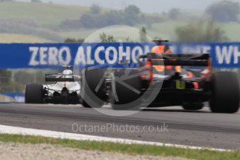 World © Octane Photographic Ltd. Formula 1 – Spanish GP - Saturday Practice 3. Mercedes AMG Petronas Motorsport AMG F1 W09 EQ Power+ - Lewis Hamilton and Aston Martin Red Bull Racing TAG Heuer RB14 – Daniel Ricciardo. Circuit de Barcelona-Catalunya, Spain. Saturday 12th May 2018.