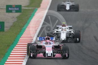 World © Octane Photographic Ltd. Formula 1 – Spanish GP - Saturday Qualifying. Sahara Force India VJM11 - Sergio Perez, Alfa Romeo Sauber F1 Team C37 – Charles Leclerc and Williams Martini Racing FW41 – Lance Stroll. Circuit de Barcelona-Catalunya, Spain. Saturday 12th May 2018.