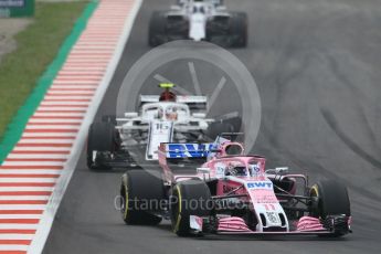 World © Octane Photographic Ltd. Formula 1 – Spanish GP - Saturday Qualifying. Sahara Force India VJM11 - Sergio Perez, Alfa Romeo Sauber F1 Team C37 – Charles Leclerc and Williams Martini Racing FW41 – Lance Stroll. Circuit de Barcelona-Catalunya, Spain. Saturday 12th May 2018.