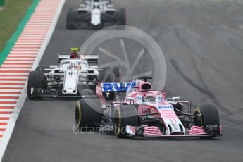 World © Octane Photographic Ltd. Formula 1 – Spanish GP - Saturday Qualifying. Sahara Force India VJM11 - Sergio Perez, Alfa Romeo Sauber F1 Team C37 – Charles Leclerc and Williams Martini Racing FW41 – Lance Stroll. Circuit de Barcelona-Catalunya, Spain. Saturday 12th May 2018.