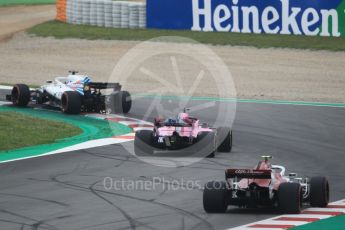 World © Octane Photographic Ltd. Formula 1 – Spanish GP - Saturday Qualifying. Sahara Force India VJM11 - Sergio Perez, Alfa Romeo Sauber F1 Team C37 – Charles Leclerc and Williams Martini Racing FW41 – Lance Stroll. Circuit de Barcelona-Catalunya, Spain. Saturday 12th May 2018.