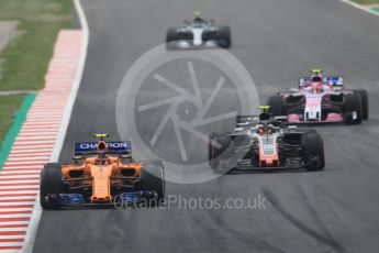 World © Octane Photographic Ltd. Formula 1 – Spanish GP - Saturday Qualifying. McLaren MCL33 – Stoffel Vandoorne, Haas F1 Team VF-18 – Kevin Magnussen, Sahara Force India VJM11 - Esteban Ocon and Mercedes AMG Petronas Motorsport AMG F1 W09 EQ Power+ - Valtteri Bottas. Circuit de Barcelona-Catalunya, Spain. Saturday 12th May 2018.