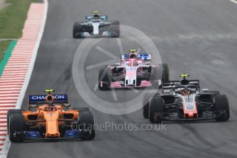World © Octane Photographic Ltd. Formula 1 – Spanish GP - Saturday Qualifying. McLaren MCL33 – Stoffel Vandoorne, Haas F1 Team VF-18 – Kevin Magnussen, Sahara Force India VJM11 - Esteban Ocon and Mercedes AMG Petronas Motorsport AMG F1 W09 EQ Power+ - Valtteri Bottas. Circuit de Barcelona-Catalunya, Spain. Saturday 12th May 2018.