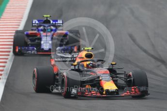 World © Octane Photographic Ltd. Formula 1 – Spanish GP - Saturday Qualifying. Aston Martin Red Bull Racing TAG Heuer RB14 – Max Verstappen and Scuderia Toro Rosso STR13 – Pierre Gasly. Circuit de Barcelona-Catalunya, Spain. Saturday 12th May 2018.