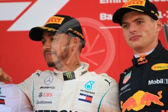 World © Octane Photographic Ltd. Formula 1 – Spanish GP - Sunday Podium. Mercedes AMG Petronas Motorsport AMG F1 W09 EQ Power+ - Lewis Hamilton (1st) and Aston Martin Red Bull Racing TAG Heuer RB14 – Max Verstappen (3rd) with Peter Bonnington – Race Engineer. Circuit de Barcelona-Catalunya, Spain. Sunday 13th May 2018.