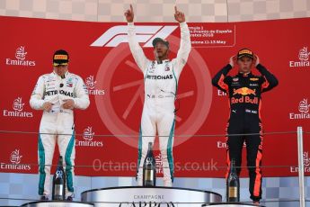 World © Octane Photographic Ltd. Formula 1 – Spanish GP - Sunday Podium. Mercedes AMG Petronas Motorsport AMG F1 W09 EQ Power+ - Lewis Hamilton (1st) Valtteri Bottas (2nd) and Aston Martin Red Bull Racing TAG Heuer RB14 – Max Verstappen (3rd). Circuit de Barcelona-Catalunya, Spain. Sunday 13th May 2018.