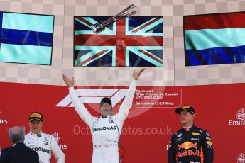 World © Octane Photographic Ltd. Formula 1 – Spanish GP - Sunday Podium. Mercedes AMG Petronas Motorsport AMG F1 W09 EQ Power+ - Lewis Hamilton (1st) Valtteri Bottas (2nd) and Aston Martin Red Bull Racing TAG Heuer RB14 – Max Verstappen (3rd). Circuit de Barcelona-Catalunya, Spain. Sunday 13th May 2018.