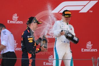 World © Octane Photographic Ltd. Formula 1 – Spanish GP - Sunday Podium. Mercedes AMG Petronas Motorsport AMG F1 W09 EQ Power+ - Valtteri Bottas (2nd) and Aston Martin Red Bull Racing TAG Heuer RB14 – Max Verstappen (3rd) with Peter Bonnington – Race Engineer. Circuit de Barcelona-Catalunya, Spain. Sunday 13th May 2018.